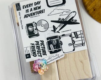 Wish You Were Here Vintage Retired Stampin Up Wood Mounted Rubber Stamp Set NIP, Travel Stamps Stamping Scrapbooking Junk Journal Supplies