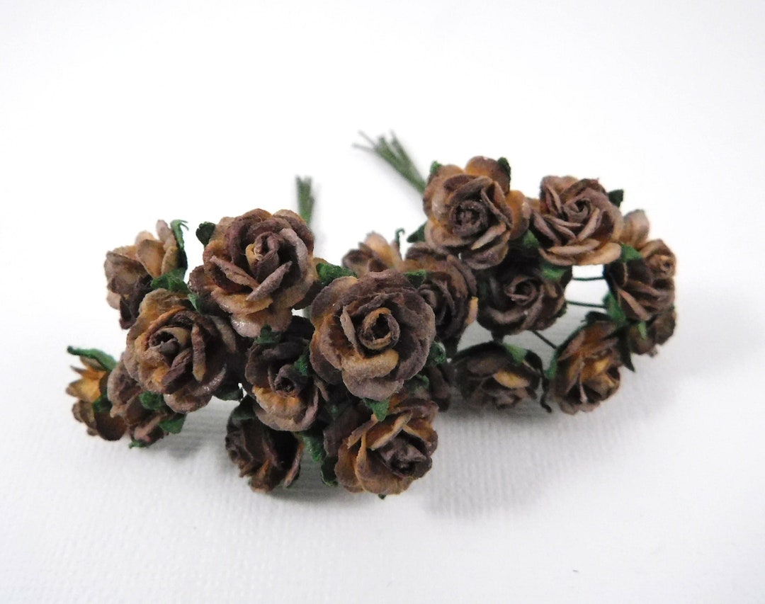 5/8 Inch Scrapbooking Paper Flowers Roses With Stems Brown and Ivory Craft  Scrapbook Supplies Mulberry Paper Flowers Card Supplies Mini Tiny 