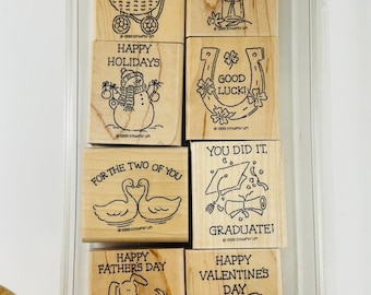Vintage Retired Stampin Up Wood Mounted Rubber Stamp Set, New to Great Condition, Sweet & Simple Salutations, All Occasion, Holiday Stamps