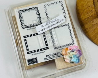 Borders Mini Vintage Retired Stampin Up Wood Mounted Rubber Stamp Set of 4 Stamps, New in Package, Lace, Stripes, Checks, Pinking, Frames