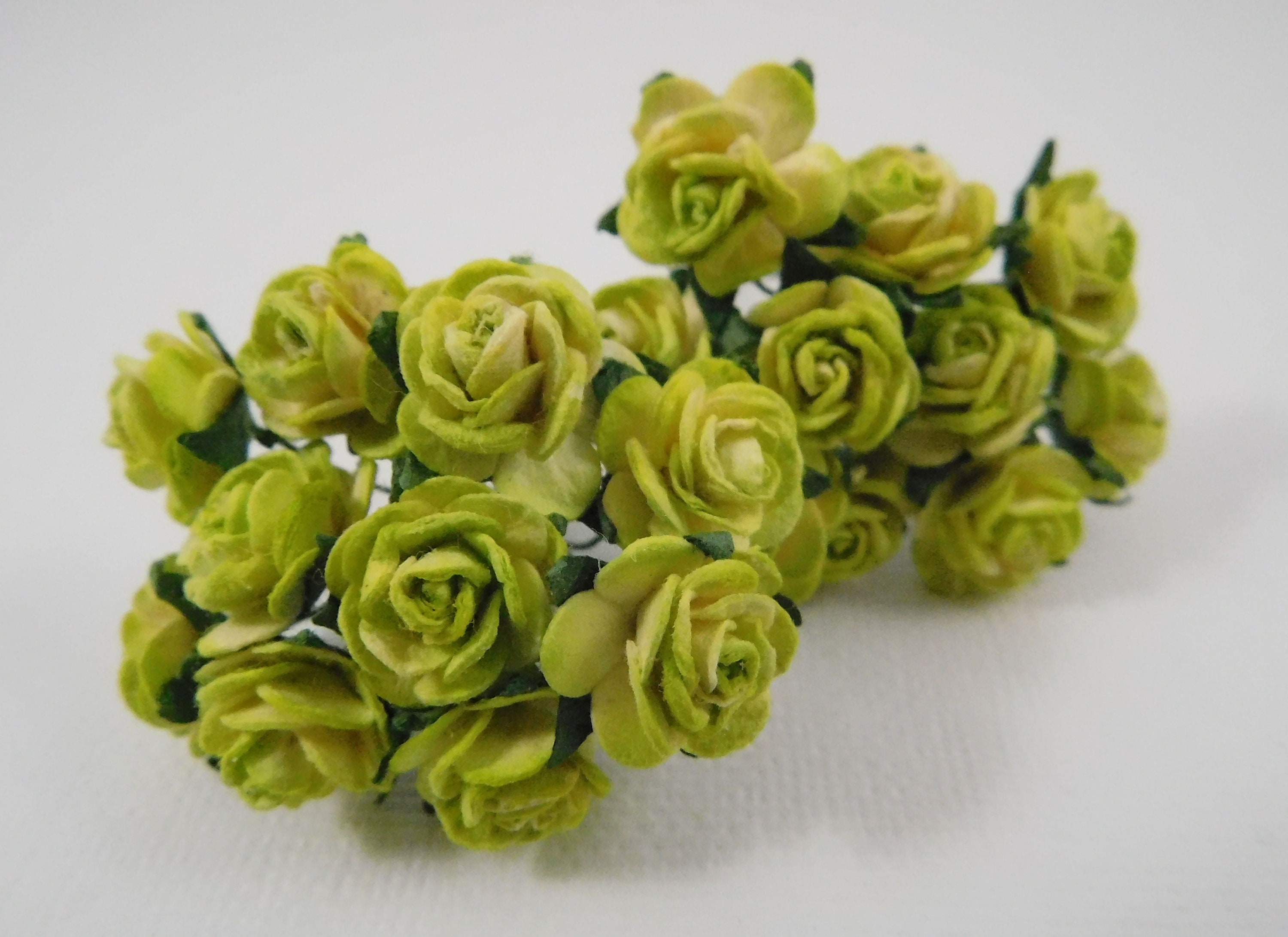 5/8 Inch Scrapbooking Paper Flowers Roses Stems Lime Green and Ivory Shaded  Scrapbook Supplies Mulberry Paper Card Supplies Paper Mini Tiny 