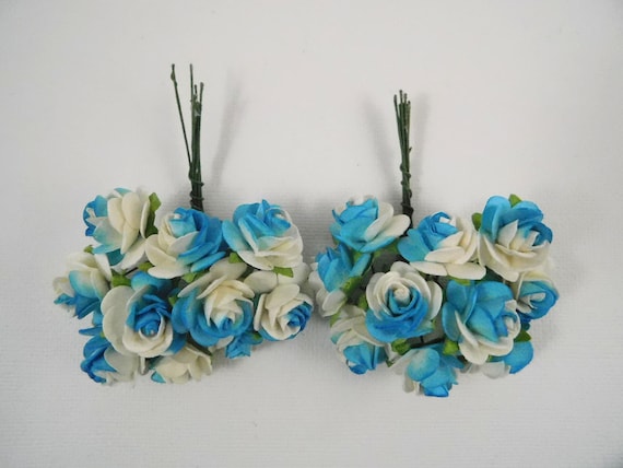 3/4 Inch Scrapbooking Paper Flowers Roses With Stems Turquoise Blue and  White Craft Supplies Scrapbook Supplies Mulberry Paper Card Supplies 