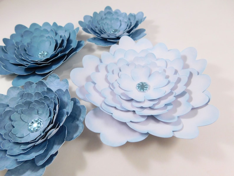 Large Handmade Paper Flowers White Weathered Muted Blue embellishments scrapbooking crafting crafts floral wedding wall home decor