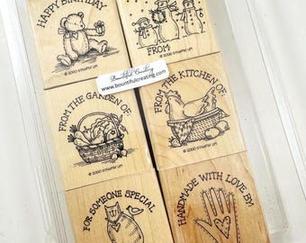 Vintage Retired Stampin Up Wood Mounted Rubber Stamp Set - Gift Tags - Stamps Supply DIY Canning Garden Birthday Handmade Christmas Kitchen