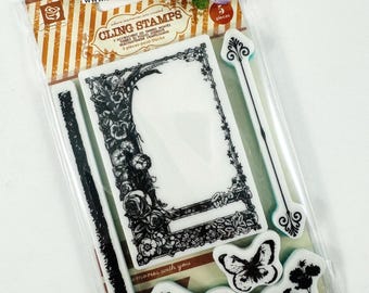 Retired Prima Sun Kiss Cling Rubber Stamp Set  floral frame, butterfly, flowers, card making, scrapbooking, junk journal supplies