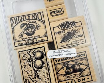 Farm Fresh Vintage Stampin Up Wood Mounted Rubber Stamp Set New in Package, Detailed Labels Fruit Fragile Fresh Apple Melon Peach Sweet Corn