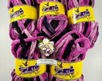 Variegated Pink and black yarn skeins  Set of 5 Balls, New in Package, Fancy Kitting Yarn, fancy edge chinille, crochet supplies, scarf