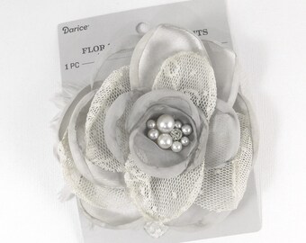 Darice Lace, Fabric, Feathers Flower 30062000 Rhinestone and Pearls sewing Grey Gray Embellishment wedding floral hair accessory supplies