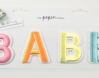 Woven Stick On Stitched Patches word BABE Set of 4 letters, New in Package, pastel embellishments, supplies, monogram, patch, sewn letter