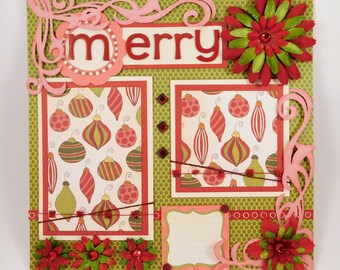 Merry Christmas Holiday 12 x 12 pre-made Scrapbook page flowers brads fibers ribbon flourish handmade scrapbooking premade page silk flowers