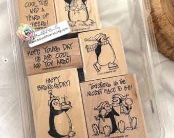 Pinguin Pleasantries Vintage Rentner Stampin Up Holz Stempel Stempel Set Neu in Paket, Cardmaking, Stamping Scrapbooking, Sammeln