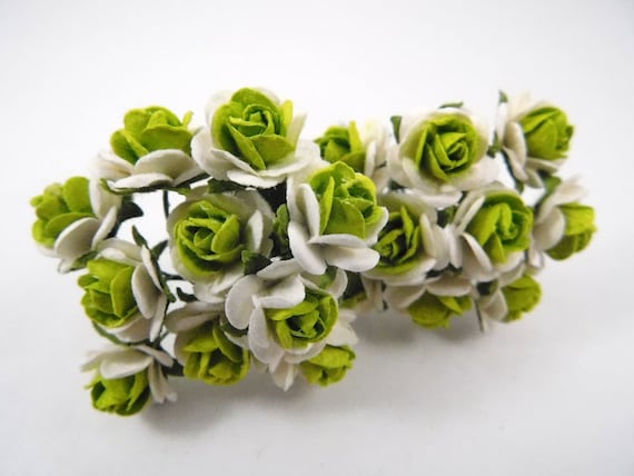 5/8 Inch Scrapbooking Paper Flowers Roses Stems Lime and White Scrapbook  Supplies Mulberry Paper Flowers Card Supplies Embellishment 