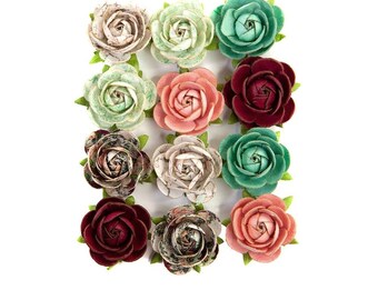 Prima Flowers Pretty Mosaic Collection Peridot Multi Colored Pack 646912 Paper flowers Roses scrapbooking red, pink, green leafy bottom