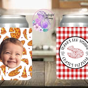 May include: Two insulated beverage can coolers. One cooler features a red and white checkered pattern with the text "Thanks for visiting Chase's Pizzeria". The other cooler features a white background with a repeated pattern of pizza slices and a child's face.