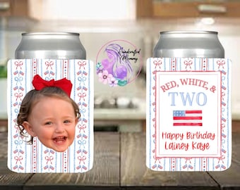 Coquette, bow, red white and two birthday, Second birthday, 4th of July birthday, USA, party favors, summer birthday can covers, can cooler