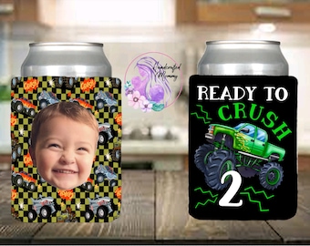 Monster truck birthday, ready to crush, trucks, monster trucks, boys birthday ideas, birthday decor, party favors, can covers, can cooler