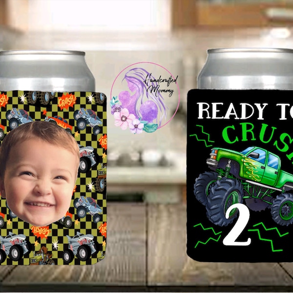 Monster truck birthday, ready to crush, trucks, monster trucks, boys birthday ideas, birthday decor, party favors, can covers, can cooler