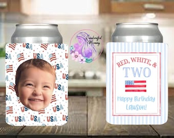 Second birthday, 4th of July birthday, USA, one happy dude, red white and two birthday, party favors, summer birthday can covers, can cooler