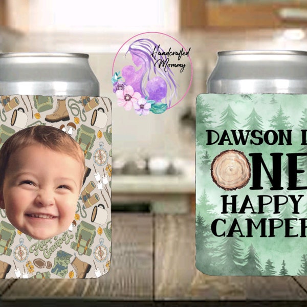 One happy camper, camping themed birthday, outdoors, first birthday, party favors, 1st birthday party, birthday boy, can covers, can cooler