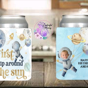 Space birthday party, first trip around the sun, outer space, alien, planets, can covers, can cooler, astronaut, boys birthday, party favors
