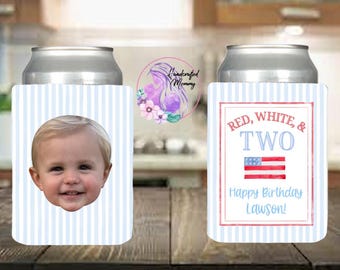 Second birthday, 4th of July birthday, USA, one happy dude, red white and two birthday, party favors, summer birthday can covers, can cooler