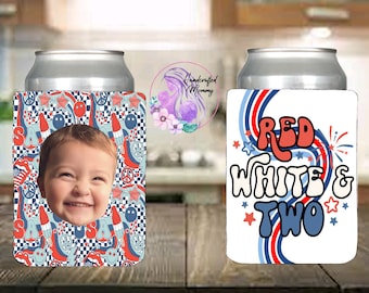 Second birthday, 4th of July birthday, USA, one happy dude, red white and two birthday, party favors, summer birthday can covers, can cooler