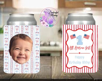 One all American girl, first birthday, 4th of July birthday, firecracker, USA, vintage, party favors, summer birthday can covers, can cooler
