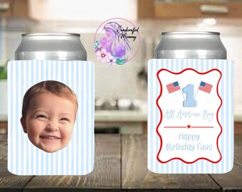 First birthday, 4th of July birthday, USA, one happy dude, vintage, all American boy, party favors, summer birthday can covers, can cooler