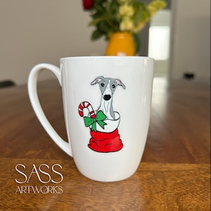 Pup of Cheer Christmas themed greyhound, whippet, Italian greyhound bone china mug.