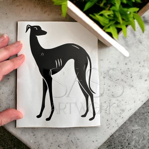 May include: Black silhouette of a Greyhound dog on a white background. The silhouette is a simple, stylized design with a long, thin body and a long, pointed snout.