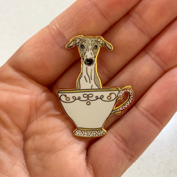 Greyhound Whippet Italian Greyhound Pup of Tea Enamel Lapel Pin, Dog Lover Gift, Cute Brooch, Tea Lover Accessory, Teacup