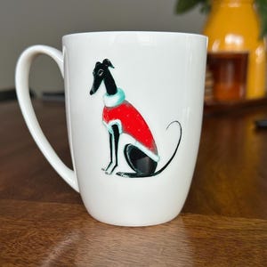 Houndie Kringle Christmas themed greyhound, whippet, Italian greyhound bone china mug.