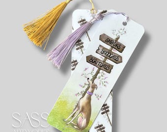 Doggie Dilemma bookmark featuring a whippet, greyhound, Italian greyhound and suitcases