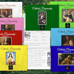 May include: A selection of Catholic Penmanship workbooks for different grades, from Preschool to Grade 6. Each book has a distinct colour cover and features a religious image. The books are designed for educational use.