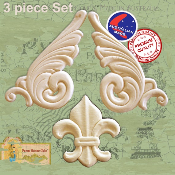 3 Piece Set Fleur de lys & Scrolls  French Provincial Ornamental Furniture Mouldings,  Appliques Decorations Resin / Wood Appliques