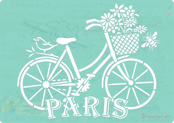 Reusable Furniture Stencil, Bicycle French Vintage Stencil, Garden Stencil, Flower Stencil, Français Pochoir de vélo. No 44