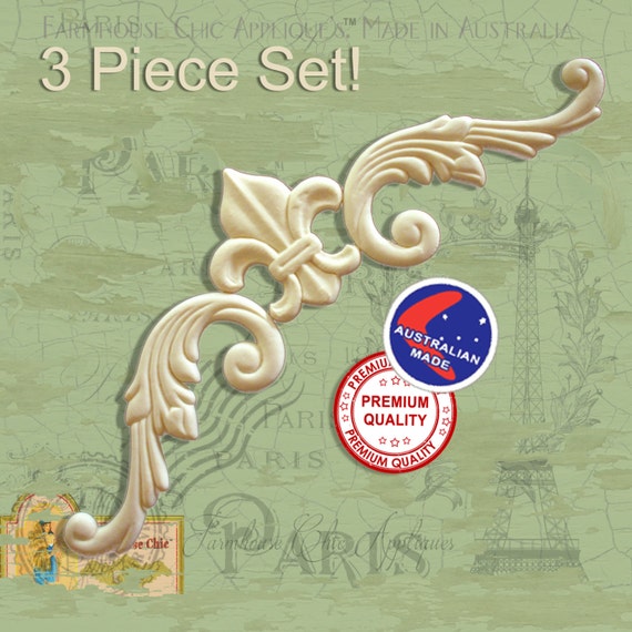 3 Piece Set Fleur de lys & Scrolls  French Provincial Ornamental Furniture Mouldings,  Appliques Decorations Resin / Wood Appliques