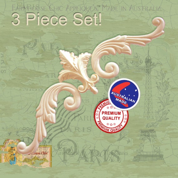 3 Piece Set Fleur de lys & Scrolls  French Provincial Ornamental Furniture Mouldings,  Appliques Decorations Resin / Wood Appliques