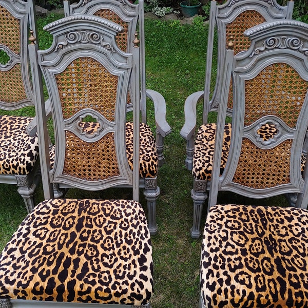 Sold!! Example of my work. Set of 6 Cane Back Dining Chairs, Hollywood Regency, Gorgeous, Eclectic Leopard Upholstery, Albany, New York