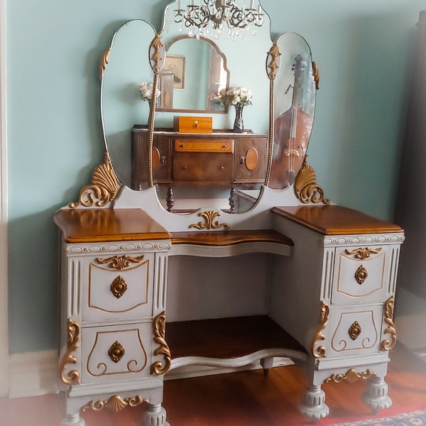 Sold!! Example of my work. Antique Dressing Table with Mirror, Vintage Vanity, Painted Furniture, Albany, New York