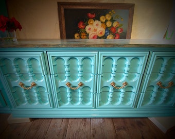 Sold!! Example of my work. 9 Drawer Dresser, Turquoise Dresser, Painted Vintage Furniture, Hollywood Regency, Albany, NY