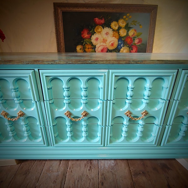 Sold!! Example of my work. 9 Drawer Dresser, Turquoise Dresser, Painted Vintage Furniture, Hollywood Regency, Albany, NY