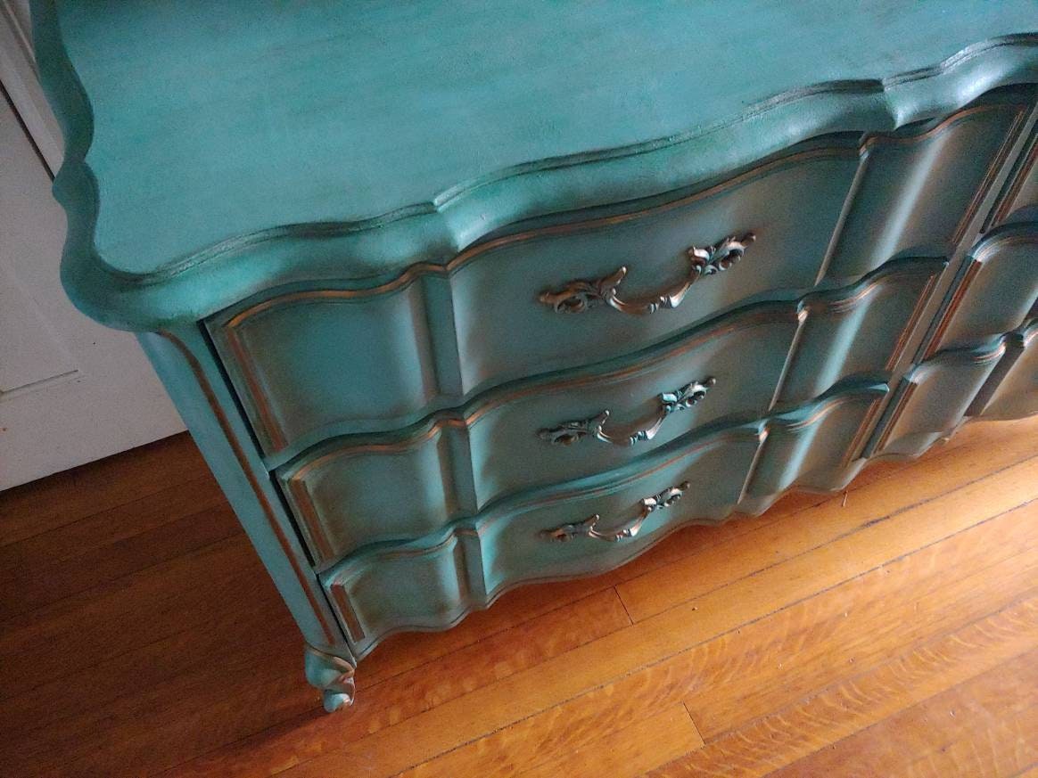 Sold Example of My Work. French Provincial, 6 Drawer Dresser, Turquoise