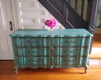 Sold!! Example of my work. French Provincial, 6 Drawer Dresser, Turquoise Dresser, Painted Vintage Furniture, Albany, NY