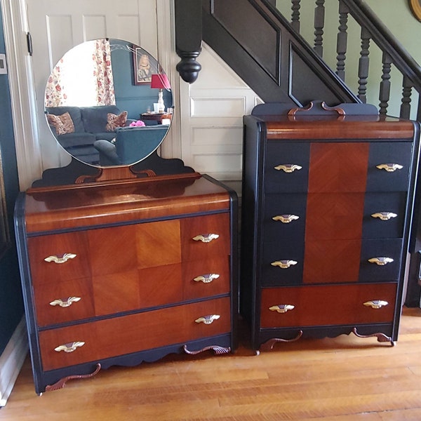 Sold!! Example of my work. Waterfall Dressers. 1930's - 1940's Art Deco Style, Black Painted Bedroom Furniture, Upcycled, Refurbished