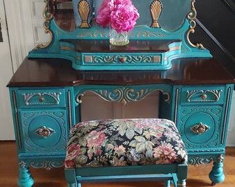 Sold!! Example of my work.  Antique Vanity, Dressing Table with Mirror, Vintage Jacobean Revival style, Painted Furniture.