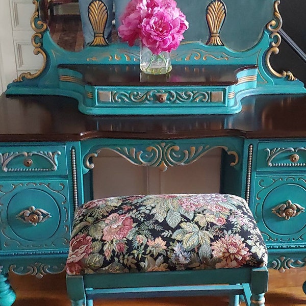 Sold!! Example of my work.  Antique Vanity, Dressing Table with Mirror, Vintage Jacobean Revival style, Painted Furniture.