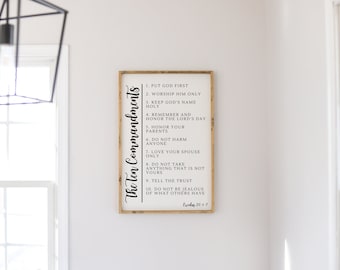 The Ten Commandments Sign | Christian Wall Decor | Farmhouse Wooden Sign | Wood Framed Sign