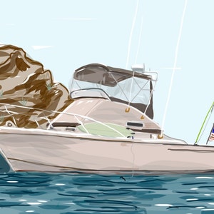 May include: Illustration of a light beige motorboat on blue water, with a rocky hillside in the background. The boat has a dark brown roof, clear windshield, and an American flag. Fishing rods are mounted on the boat.