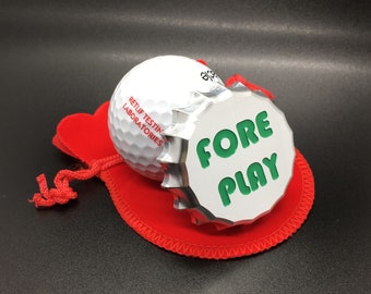 Golf Ball Marker Bottle Cap Engraved "Fore Play" Machined Aluminum Raw Finish Hand Painted Green